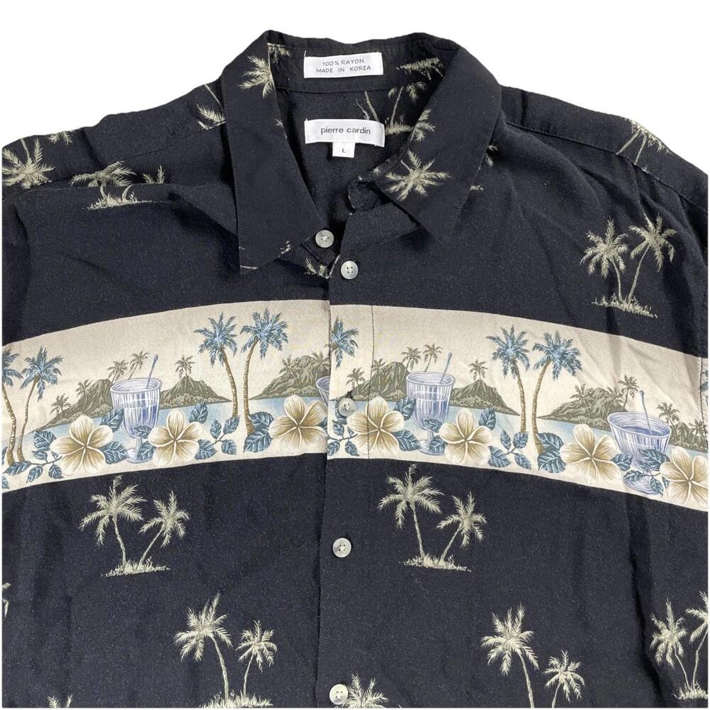 Vintage PIERRE CARDIN Hawaiian Shirt Men's L Palm Tree Cocktails Rayon Aloha